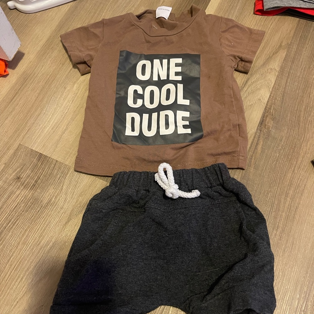 Brown 'One Cool Dude' T-Shirt and Black Shorts Set